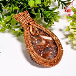 Natural Seam Agate Gemstone Pear Vintage Handmade Pure Copper Wire Wrapped Pendant 2.5" 26.2 gms. KR09-6