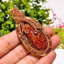 Natural Seam Agate Gemstone Oval Vintage Handmade Pure Copper Wire Wrapped Pendant 2.6" 19.3 gms. KR09-8