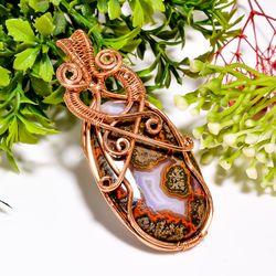 Natural Seam Agate Gemstone Oval Vintage Handmade Pure Copper Wire Wrapped Pendant 2.8" 24.6 gms. KR09-9