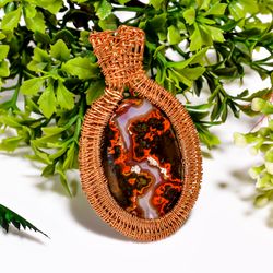 Natural Seam Agate Gemstone Oval Vintage Handmade Pure Copper Wire Wrapped Pendant 2.5" 19.1 gms. KR09-10