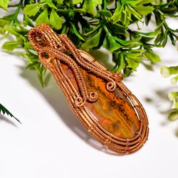 Natural Seam Agate Gemstone Egg Vintage Handmade Pure Copper Wire Wrapped Pendant 2.6" 18.9 gms. KR09-11