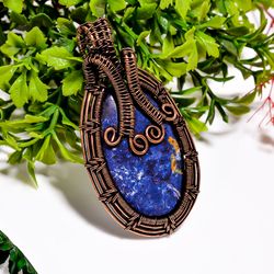 Natural Dumortierite Gemstone Oval Vintage Handmade Pure Copper Wire Wrapped Pendant 2.6" 18.4 gms KR0917