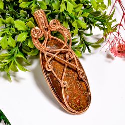Natural Seam Agate Gemstone Oval Vintage Handmade Pure Copper Wire Wrapped Pendant 3" 23.5 gms. KR09-18