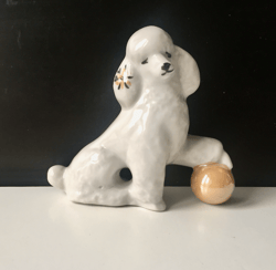 Vintage figurines of dog, a poodle with a ball, USSR | White color 4.0 inch | Rare Find collectable | Vintage 1990s