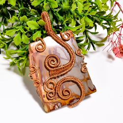 Natural Noreena Jasper Gemstone Vintage Handmade Jewelry Pure Copper Wire Wrapped Pendant 2.8" 28 gms KR09-21