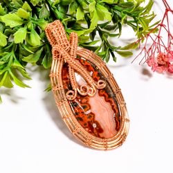 Natural Seam Agate Gemstone Oval Vintage Handmade Pure Copper Wire Wrapped Pendant 2.6" 17.1 gms. KR09-22