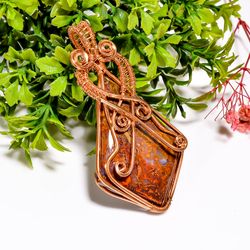 Natural Seam Agate Gemstone Shield Vintage Handmade Pure Copper Wire Wrapped Pendant 2.9" 26.3 gms. KR09-23