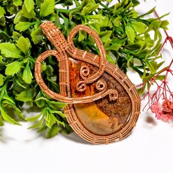 Natural Seam Agate Gemstone Pear Vintage Handmade Jewelry Pure Copper Wire Wrapped Pendant 2.6" 21 gms KR09-24