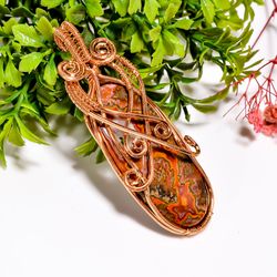 Natural Seam Agate Gemstone Oval Vintage Handmade Pure Copper Wire Wrapped Pendant 3" 22.6 gms. KR09-25