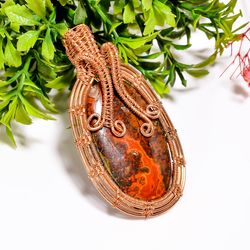 natural seam agate gemstone oval vintage handmade pure copper wire wrapped pendant 2.5" 18.2 gms. kr09-26