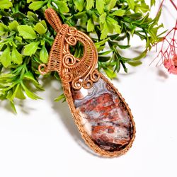 natural seam agate gemstone pear vintage handmade pure copper wire wrapped pendant 3.1" 19.6 gms. kr09-27