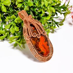 natural seam agate gemstone oval vintage handmade pure copper wire wrapped pendant 2.6" 18.9 gms. kr09-34