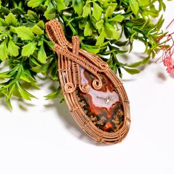 Natural Seam Agate Druzy Gemstone Oval Vintage Handmade Pure Copper Wire Wrapped Pendant 2.6" 21.4 gms. KR09-35