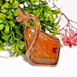 natural seam agate gemstone shield vintage handmade pure copper wire wrapped pendant 3" 27.7 gms. kr09-37