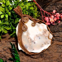natural dendrite opal gemstone vintage handmade pure copper wire wrapped pendant 3.6" 46.7 gms. kr09-40