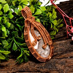 natural crazy lace agate gemstone oval vintage handmade pure copper wire wrapped pendant 2.5" 15.7 gms kr0942