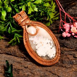 natural crazy lace agate gemstone oval vintage handmade pure copper wire wrapped pendant 2.7" 26.6 gms kr09-44