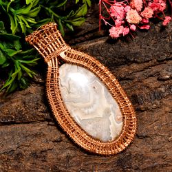 natural crazy lace agate gemstone oval vintage handmade pure copper wire wrapped pendant 2.6" 18.3 gms kr09-46