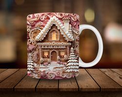 3D Gingerbread House Mug Sublimation, 3D Christmas 11oz, 15oz Mug Sublimation Wrap, Digital Download Mug PNG, Coffee Cup