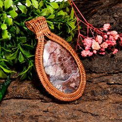 natural crazy lace agate gemstone oval vintage handmade pure copper wire wrapped pendant 2.8" 22.9 gms. kr09-50