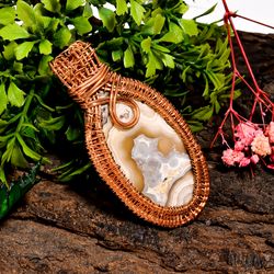 Natural Crazy Lace Agate Gemstone Oval Vintage Handmade Pure Copper Wire Wrapped Pendant 2.7" 28 gms. KR09-51