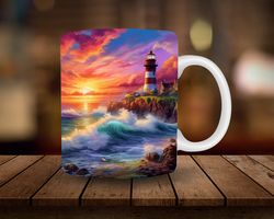 Lighthouse Mug Sublimation, 3D 11oz, 15oz Mug Sublimation Wrap, Digital Download Mug PNG, Lighthouse Ocean Coffee Cup Te