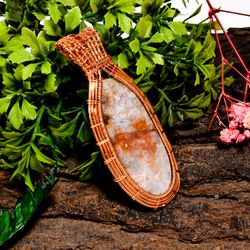Natural Crazy Lace Agate Gemstone Oval Vintage Handmade Pure Copper Wire Wrapped Pendant 2.8" 20 gms. KR09-52