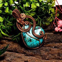 Natural Tibetan Turquoise Gemstone Tumbled Vintage Handmade Pure Copper Wire Wrapped Pendant 2.2" 23.5 gms KR09-53