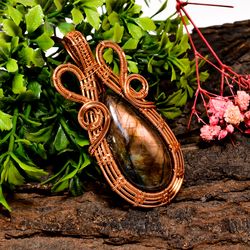 Natural Labradorite Gemstone Pear Vintage Handmade Pure Copper Wire Wrapped Pendant 2.6" 19.4 gms. KR09-54