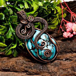 natural tibetan turquoise gemstone tumbled vintage handmade pure copper wire wrapped pendant 2.1" 26.1 gms kr09 55