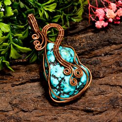 natural turquoise gemstone tumbled vintage handmade pure copper wire wrapped pendant 2.6" 35.9 gms. kr09-56