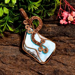 Natural Larimar Gemstone Vintage Handmade Jewelry Pure Copper Wire Wrapped Pendant 2.6" 20.3 gms. KR09-58