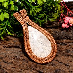 Natural Crazy Lace Agate Gemstone Pear Vintage Handmade Pure Copper Wire Wrapped Pendant 2.7" 20.7 gms. KR09-61