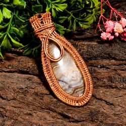 Natural Crazy Lace Agate Gemstone Pear Vintage Handmade Pure Copper Wire Wrapped Pendant 2.7" 18.3 gms. KR09-62
