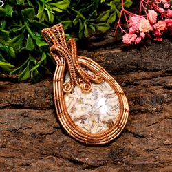 Natural Crazy Lace Agate Gemstone Pear Vintage Handmade Pure Copper Wire Wrapped Pendant 2.5" 17.9 gms KR09-63