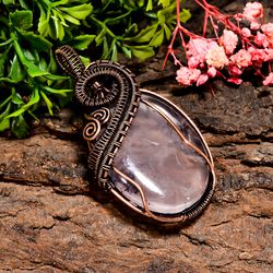 natural rose quartz gemstone oval vintage handmade pure copper wire wrapped pendant 2.5" 25.5 gms. kr09-64