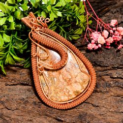 Natural Crazy Lace Agate Gemstone Pear Vintage Handmade Pure Copper Wire Wrapped Pendant 3.4" 41 gms. KR09-65