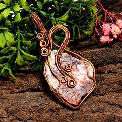 natural crazy lace agate gemstone vintage handmade pure copper wire wrapped pendant 2.8" 18.6 gms. kr09-69