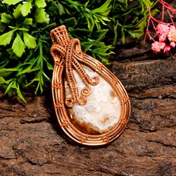Natural Crazy Lace Agate Gemstone Pear Vintage Handmade Pure Copper Wire Wrapped Pendant 2.3" 19.3 gms KR09-74