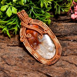 natural crazy lace agate gemstone oval vintage handmade pure copper wire wrapped pendant 2.5" 16.8 gms kr0976
