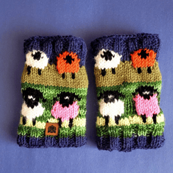 sheep pattern hand knit alpaca wool fingerless gloves