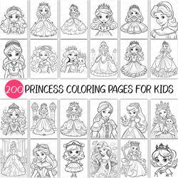 200 Princess Coloring Pages for Kids | Cute Queen Ribbon Crown Jewels Lace Dress Tiara Girl Activity Sheet Book Castle