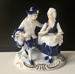 Victorian Lady and Gentleman Ceramic Figurine Picnic Time in Blue, White, Gold | Vintage 1990s |