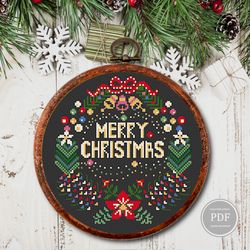 Merry Christmas Cross Stitch Pattern, Christmas Wreath Embroidery, Christmas home decoration, PDF 255