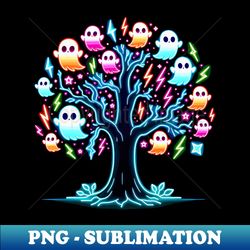 Neon Glow Ghostly Tree - Vibrant Halloween Artwork - PNG Transparent Sublimation Design - Bold & Eye-catching