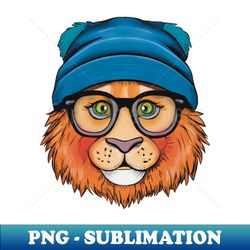 orange lion wearing glasses and a blue hat - artistic sublimation digital file - unleash your inner rebellion