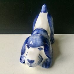 Gzhel Porcelain Dog, Russian Folk Art, Russian Porcelain Figurine, Cobalt Blue and White Hand-painted Dog | Vintage 1990
