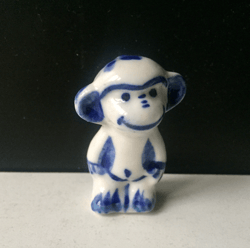 Soviet Porcelain figurine white blue Monkey chimpanzee Gzhel cobalt hand painting Russia USSR 1970-80s