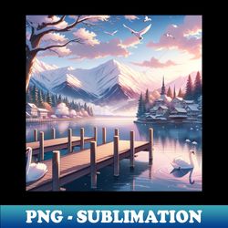 tranquil lakeside dawn anime landscape - professional sublimation digital download - defying the norms
