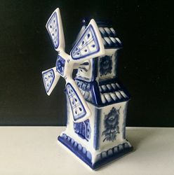 Vintage Russian Gzhel hand painted windmill porcelain figurine - windmill ceramic sails, blue and white hand painted